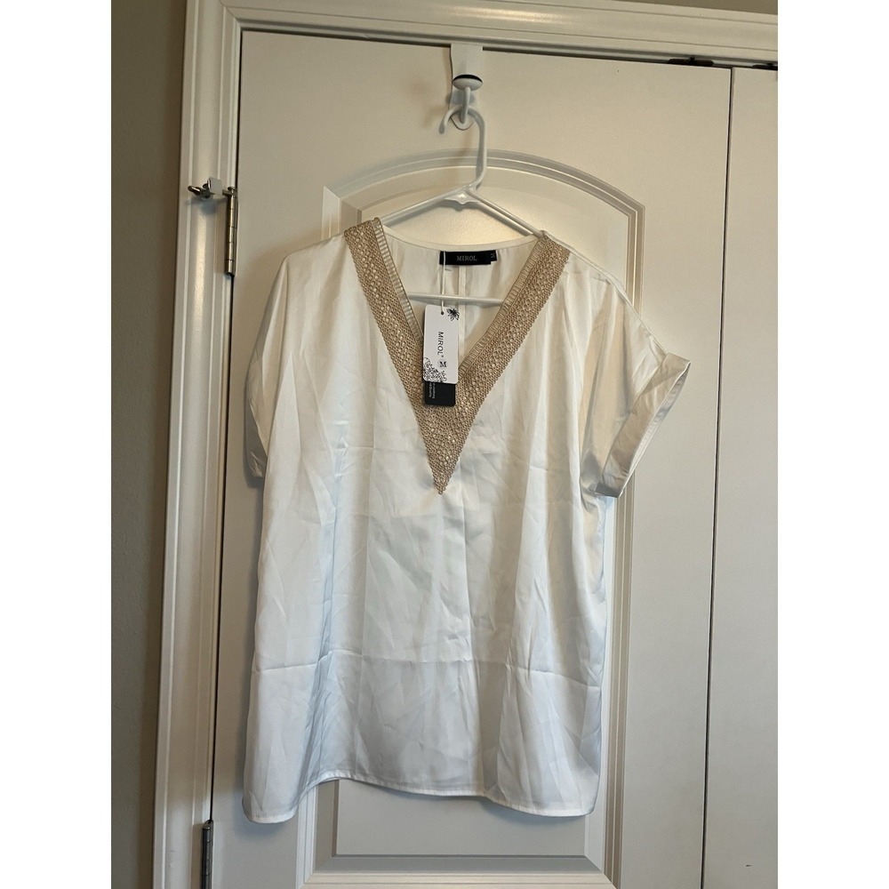 MIROL Lace Blouse Womens Medium Ivory NWT Embroidery V-Neck Short Sleeve C396